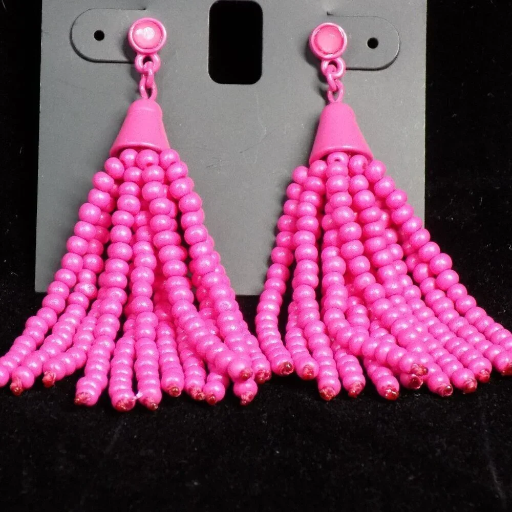 Inc International Concepts Earrings Pink Beaded Tassel Post Drop Long Statement - Picture 4 of 7
